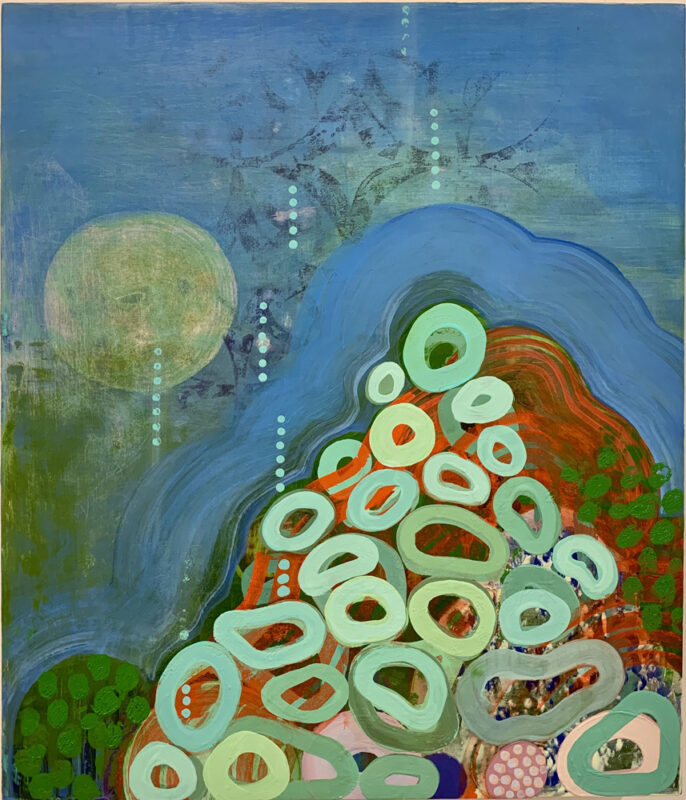 Babel lll, oil and spray paint on panel, 14 x 12 inches, 2020