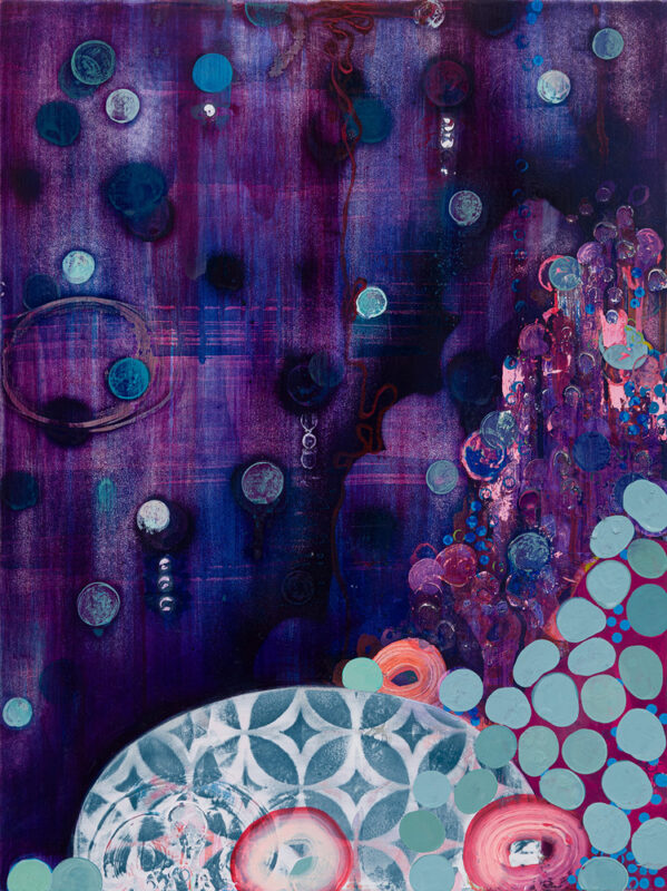 Fireball Season (Winter), oil and spray paint on panel, 16 x 12 inches, 2020 - Artwork by Sarah Lutz