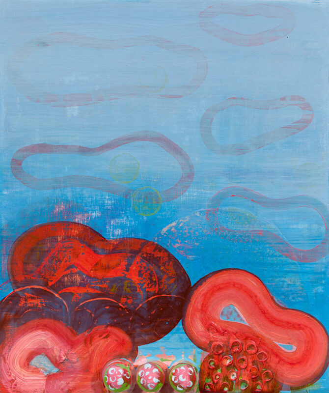 Forget Me Not, oil, paper balls and resin on panel, 10 x 8.5 inches, 2019