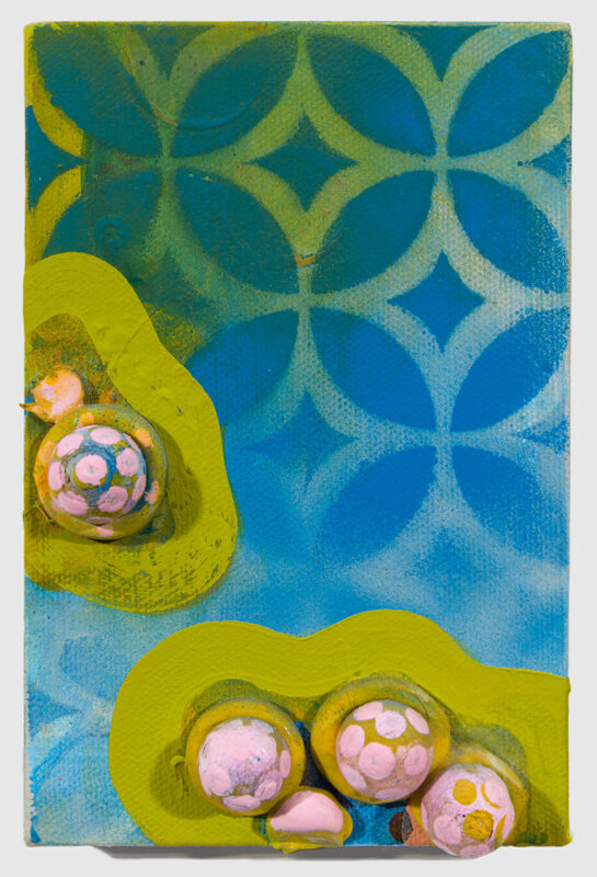 Wish You Were Here IIl: oil, paper balls and resin on canvas, 6 x 4 inches each, 2015-16 - Artwork by Sarah Lutz