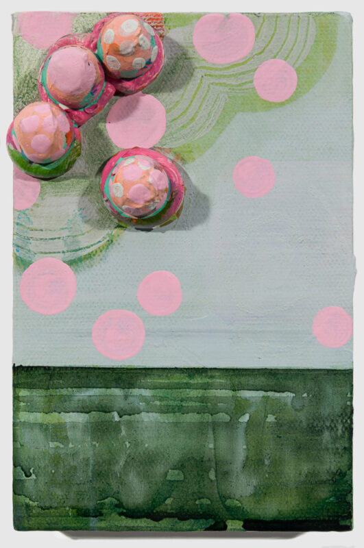 Wish You Were Here: oil, paper balls and resin on canvas, 6 x 4 inches each, 2015-16 - Artwork by Sarah Lutz