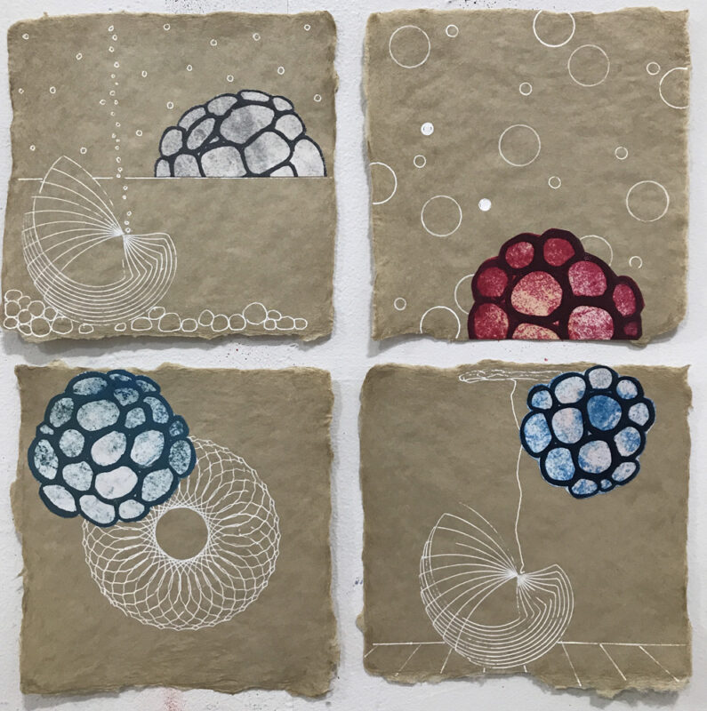 Morula Drawings 2, ink and collage on paper, 6 x 6 inches, artwork by Sarah Lutz