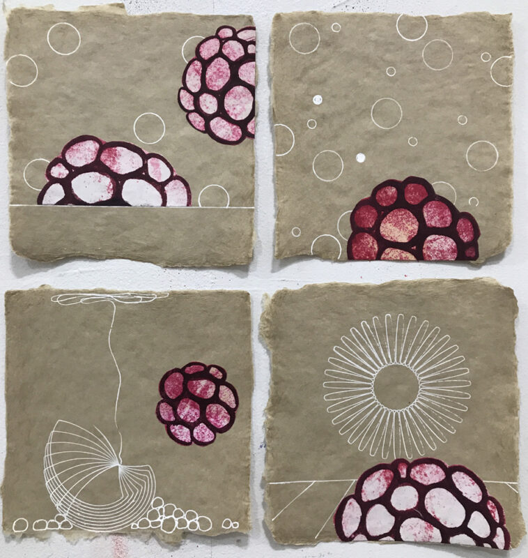 Morula drawings 1, ink and collage on paper, 6 x6 inches, artwork by Sarah Lutz