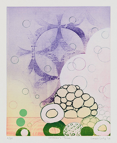 Chimera’s Trove, 2019  -
Color etching with pochoir  -  Edition of 20
Image Size: 12 x 9.5 inches, Paper Size: 22 x 15 inches, 
Printed & Published by 10 Grand Press