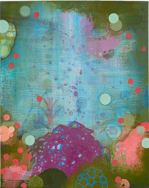 Fireball Season ll, 2025, oil and spray paint on linen, 20 x 16 inches - artwork by Sarah Lutz