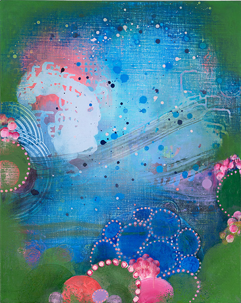 Fireball Season lll, 2025, oil and spray paint on linen, 20 x 16 inches - artwork by Sarah Lutz