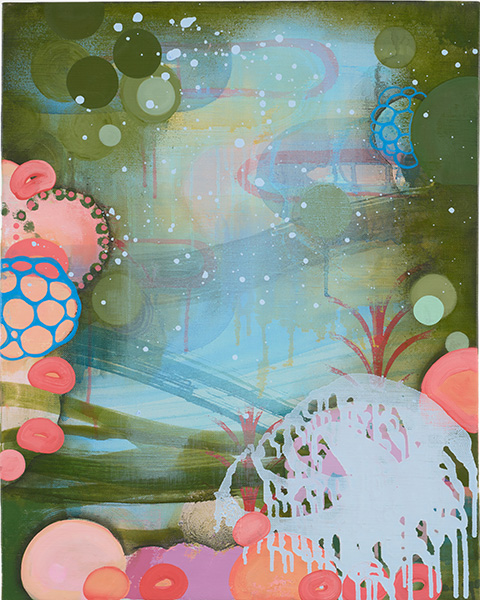 Fireball Season l, 2025, oil and spray paint on linen, 20 x 16 inches - artwork by Sarah Lutz