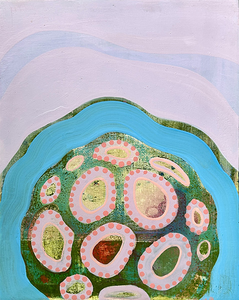 Stargazer l, 2025, oil and spray paint on panel, 8 x 6 inches - artwork by Sarah Lutz