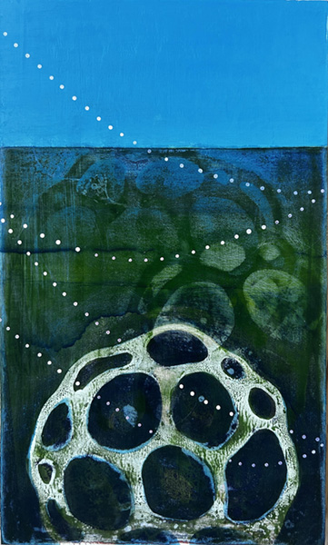 Domino XlX, 2022-23, oil and spray paint on panel, 10 x 6 inches - artwork by Sarah Lutz